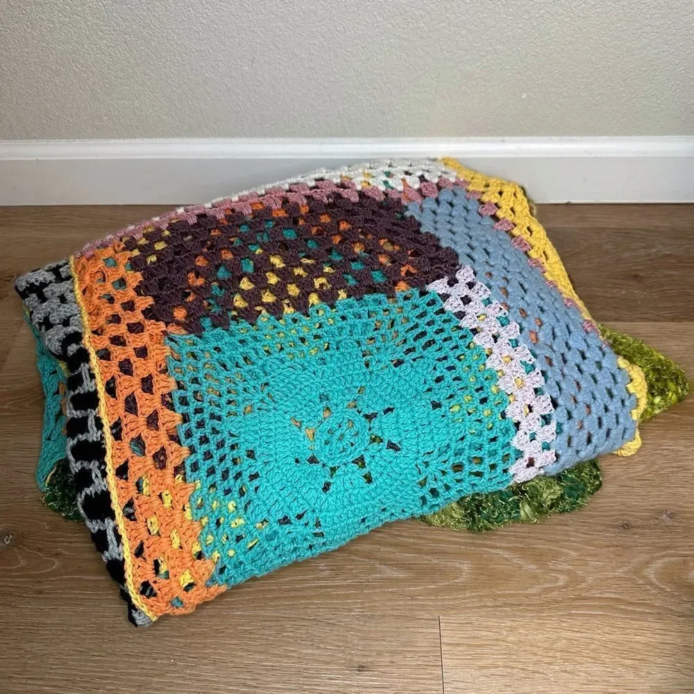 Large Handmade Granny Long Crochet Boho Multicolor Throw Blanket